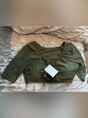 Women's Olive Front-Tie Crop Swim Top NWT